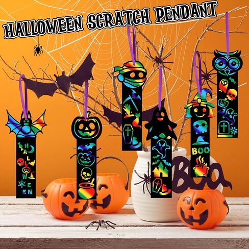 120 Pcs Halloween Scratch Bookmarks Art Craft Scratch Paper Bulk Magic Bookmarks with Drawing Stencils Pumpkin Bat Spider DIY Craft Kit for Halloween Party Supplies in Saudi Arabia