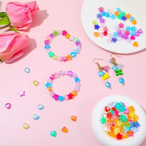 500 Pcs Acrylic Beads Ab Crystal Star Beads Heart Star Shape Beads Pony Beads Shapes Cute Assortments Colorful Flat Bead-in-Bead for Jewelry Making DIY Bracelets Necklaces Earrings in Saudi Arabia