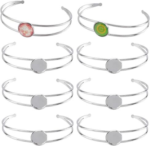 Sunnyclue 8pcs أساور cabochon قابلة للتعديل فارغة سبارت الفضة المعادن 304 الفولاذ المقاوم للصدأ الكفة القابلة للتوسيع جولة cabochons الإطار bange قاعدة صينية فارغة لجوهر السوار صنع المجوهرات DIY الملحقات in Saudi Arabia