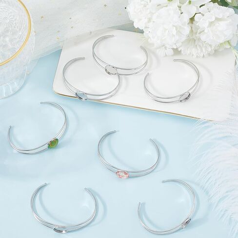 Sunnyclue 8pcs أساور cabochon قابلة للتعديل فارغة سبارت الفضة المعادن 304 الفولاذ المقاوم للصدأ الكفة القابلة للتوسيع جولة cabochons الإطار bange قاعدة صينية فارغة لجوهر السوار صنع المجوهرات DIY الملحقات in Saudi Arabia