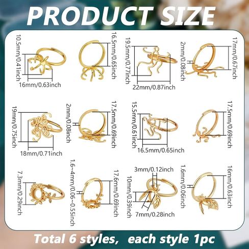 PH PandaHall 6 Styles Claw Ring Blank 6pcs Adjustable Rings Bases Golden Blank Ring Base Tray Brass Open Flower Rings Pad for DIY Jewelry Making Women Irregular Stone Glass Cabochons Rhinestones in Saudi Arabia