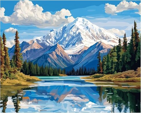 Saint Elias Mountain Paint حسب الرقم للبالغين ، طلاء جبال Saint Elias حسب عدد اللوحة DIY Canvas ، مشهد للهدية ، ديكور الجدار المنزلي - المناظر الطبيعية للثلج Mount Green Tree Lake (16x20inch) in Kuwait