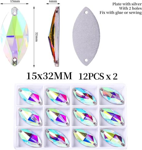 Swthony 72pcs 9 × 18 ملم AB حصان على شكل عين خياطة على أحجار الراين لصياغة ، والأحجار الكريستانية المجوهرات الفضية المطلية بالفضة مع فتحتين لثغرات للملابس الحرف اليدوية in Kuwait