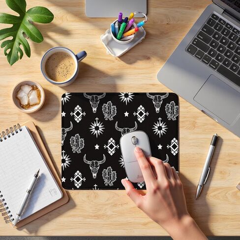 Boho Western Cow Skull Aztec Black Mouse Pad ، Western Cow Print for Home Office Dorm Computers Supplies Supplies Supplies Desk Accessors Mousepad ، 7.9x7.9 Inch ، J053 in Kuwait