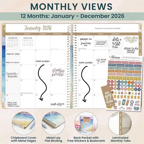bloom daily planners HARDCOVER 2026 Planner (January to December) - 8.5" x 11" Weekly & Monthly Dated Agenda Organizer Book with Stickers & Tabs - Coastal Calm in Saudi Arabia