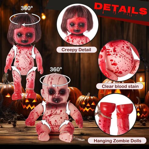 4 Pcs Halloween Creepy Dolls, 10 Inch Bloody Zombie Haunted Dolls, Scary Hanging Ghost Haunted with Rope for Halloween Horror Decoration Outdoor Indoor Garden Party Decor (Red, Creepy) in Saudi Arabia