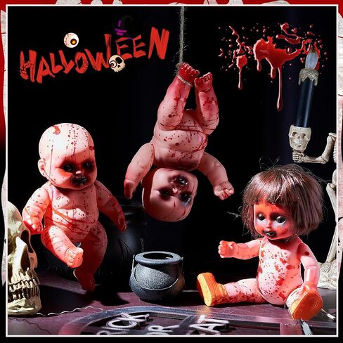 4 Pcs Halloween Creepy Dolls, 10 Inch Bloody Zombie Haunted Dolls, Scary Hanging Ghost Haunted with Rope for Halloween Horror Decoration Outdoor Indoor Garden Party Decor (Red, Creepy) in Saudi Arabia