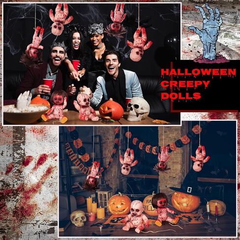 4 Pcs Halloween Creepy Dolls, 10 Inch Bloody Zombie Haunted Dolls, Scary Hanging Ghost Haunted with Rope for Halloween Horror Decoration Outdoor Indoor Garden Party Decor (Red, Creepy) in Saudi Arabia