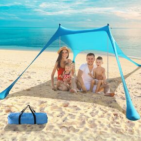 Beach Tent - 7 x 7 FT Beach Canopy, Portable Beach Tent Sun Shelter UPF 50 with 4 Sandbags, Stability Poles, Ground Pegs and Anti-Wind Ropes, Outdoor Beach Shade Canopy for Beach Camping Picnics