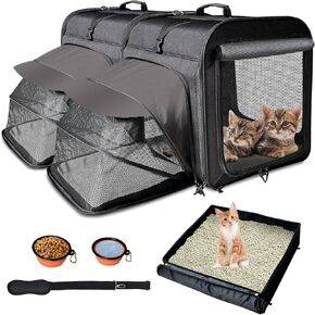 Large Cat Carrier,Cat Travel Carrier with Litter Box,Double Cat Carrier for 2 Cats and Medium Dog,Portable 2-in-1 Dog Compartment Travel Crate House with Foldable Bowl/Mats/Tent Stakes-Gray