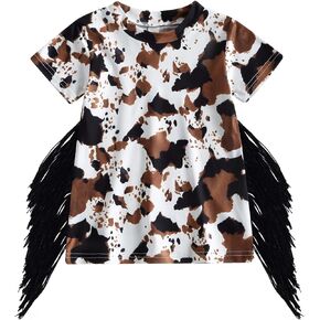 Gueuusu Toddler Baby Girl Western Dress Cow Print T Shirt Dress Boho Short Sleeve Fringe Dresses Kids Summer Clothes