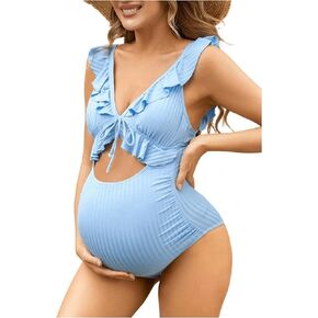 Women's Maternity Solid Hollow Out Ruffle Trim Tie One Piece Swimsuit Y2K Cut Out Bathing Suits Swimwear