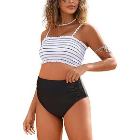 Bhome Maternity Swimsuit Two Pieces Adjustable Spaghetti Straps Smocked Bandeau Top with High Waisted Pregnant Swimwear