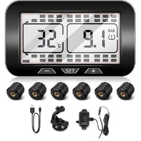 Tire Pressure Monitoring System Trailer TPMS with 6 Sensors Real-time Monitoring Pressure and Temperature with Solar Charger 0-218psi for RV Travel Trailer Coach Heavy Truck