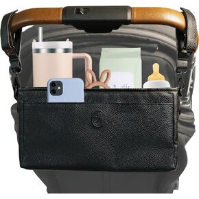 Universal Stroller Organizer with Cup Holder- Leather Stroller Caddy with Cup Holder, 4 Built-In Pockets, & Shoulder Strap, Stroller Bag Organizer fits Mockingbird, UppaBaby, Nuna, BOB, and More