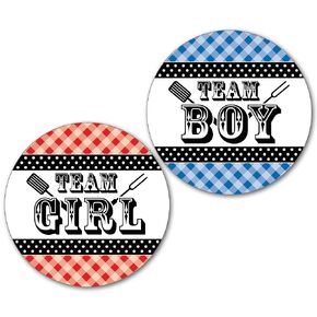 36 2.5-inch Baby Q - BBQ Baby Shower Gender Reveal Party Team Boy and Girl Stickers - Red and Blue