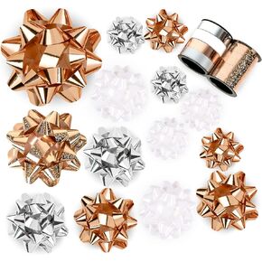 WRAPAHOLIC 19 Pcs Gift Bows Assortment - 16 Multi Colored Assorted Size Gift Bows(Pink, White, Silver), 2 Crimped Curling Ribbons, 1 Pink Curly Bows, Perfect for Christmas, Holiday, Party