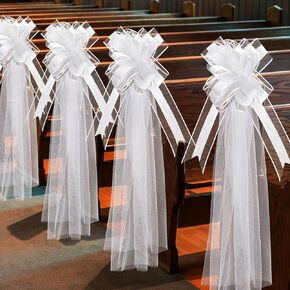 12 Set Large White Wedding Pew Bows with Long Tulle Tails Wedding Pew Bows Church Chair Aisle Decorations Wedding Car Decoration Big Bows for Bridal Shower Reception Birthday Anniversary