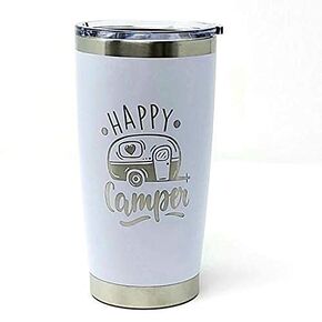Happy Camper 20oz Coffee Tumbler (White), Coffee Mug for Mom, 20 oz Stainless Steel Insulated Travel Mug with Lid