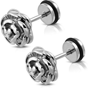 Stainless Steel Rose Flower Floral Faux Fake Cheater Ear Plugs Gauge, Pair