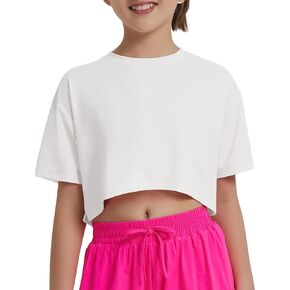 EXARUS Girls Athletic Shirts Quick Dry Short Sleeve Crop Tops/Split Back T Shirt Workout Casual Summer Kids 6-14Y