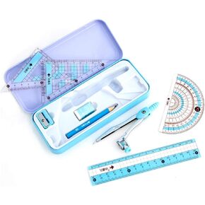 8 Pcs Compass/Math Set for Students with Shatterproof Storage Box, Geometry Set for School, Includes Ruler, Protractor, Compass, Pencil,Pencil Sharpener and Eraser,etc. Perfect Gift