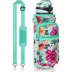 Fimibuke 32 oz Water Bottle with Sleeve - BPA Free Leakproof Sport Large 1L Plastic Motivational Water Bottle with Straw Strap & Insulated Neoprene Holder Carrier Bag Great Xmas Gift for Women Men