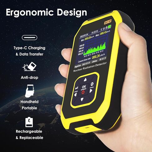 كاشف الإشعاع النووي من جيجر - مقياس جرعات الإشعاع مع شاشة LCD، مقياس مراقبة الإشعاع المحمول باليد بيتا جاما بالأشعة السينية USB القابل لإعادة الشحن، 5 وحدات جرعة مبدلة in Kuwait