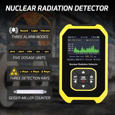Geiger Counter Nuclear Radiation Detector Handheld Dosimeter Beta Gamma X-ray Radioactive Monitor Tester Alarm 5 Dosage Units Time Date Display for Industrial Use Research Home Personal in Saudi Arabia