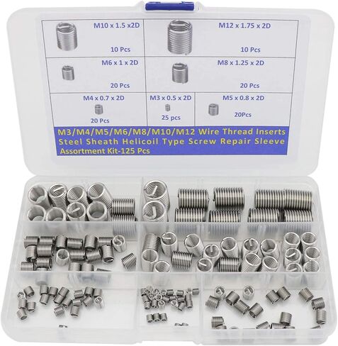 M3 M4 M5 M6 M8 M10 M12 سلك الموضوع إدراج الصلب غمد حلزوني نوع المسمار إصلاح كم مجموعة متنوعة-125 قطعة in Kuwait