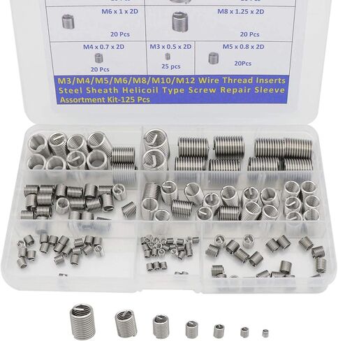 M3 M4 M5 M6 M8 M10 M12 سلك الموضوع إدراج الصلب غمد حلزوني نوع المسمار إصلاح كم مجموعة متنوعة-125 قطعة in Kuwait