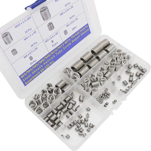 M3 M4 M5 M6 M8 M10 M12 سلك الموضوع إدراج الصلب غمد حلزوني نوع المسمار إصلاح كم مجموعة متنوعة-125 قطعة in Kuwait