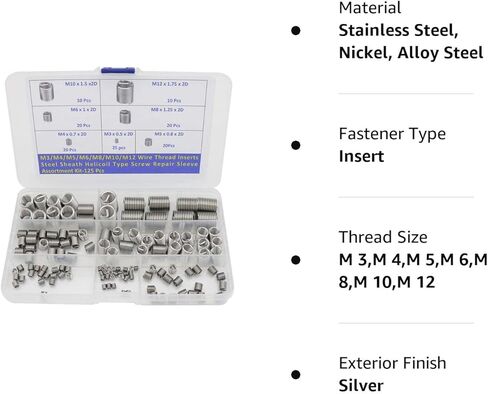M3 M4 M5 M6 M8 M10 M12 سلك الموضوع إدراج الصلب غمد حلزوني نوع المسمار إصلاح كم مجموعة متنوعة-125 قطعة in Kuwait