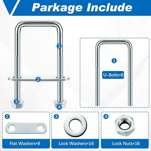 Hotop 8 Set Square U Bolts Carbon Steel with Nuts, Frame Plate, Round Washers for Sailboat Trailers, Tube, Industrial Supplies (82 x 75 mm) in Saudi Arabia