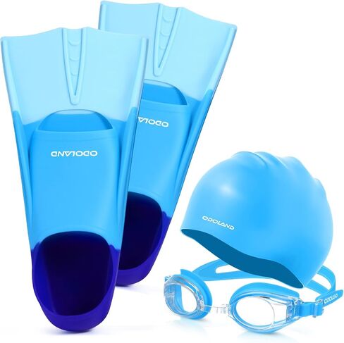 Odoland Kids Swim Fins Set, Swimming Training Flippers, Swim Goggles and Cap, Swim Pool Snorkeling Diving, for Children in Saudi Arabia