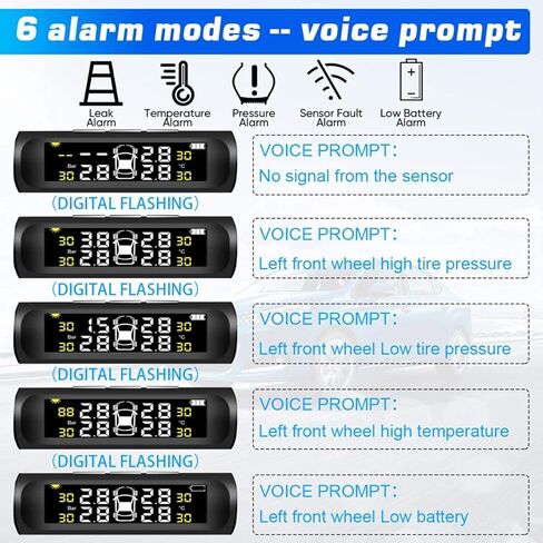 Car Tire Pressure Monitoring System,TPMS Solar Monitor System Universal Wireless Car Alarm Waterproof External Sensors 6 Modes Real-time & Temperature for Rv Trailer in Kuwait