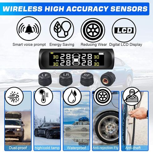 Car Tire Pressure Monitoring System,TPMS Solar Monitor System Universal Wireless Car Alarm Waterproof External Sensors 6 Modes Real-time & Temperature for Rv Trailer in Kuwait