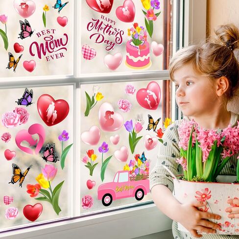 ملصقات نافذة عيد الأم السعيدة، ديكورات عيد الأم 9 أوراق ملصقات نافذة وردية لعيد الأم أفضل أمي على الإطلاق لإزالة شارات النافذة لمستلزمات عيد الأم in Kuwait
