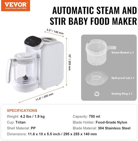 VEVOR Baby Food Maker, Baby Food Processor, BPA-Free 5 in 1 Baby Food Puree Blender Steamer Grinder with SUS304 Stainless Steel Blades and 750ML Tritan Container, for Food Fruit Vege Meat ETL, 430W in Saudi Arabia