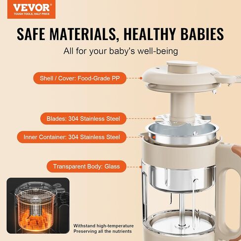 VEVOR Baby Food Maker, Baby Food Processor, BPA-Free 5 in 1 Baby Food Puree Blender Steamer Grinder with SUS304 Stainless Steel Blades and 750ML Tritan Container, for Food Fruit Vege Meat ETL, 430W in Saudi Arabia