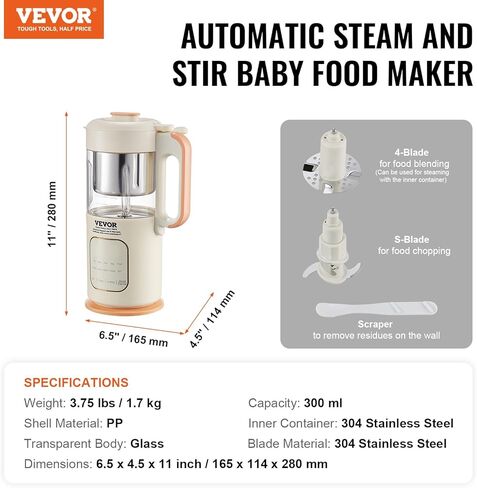 VEVOR Baby Food Maker, Baby Food Processor, BPA-Free 5 in 1 Baby Food Puree Blender Steamer Grinder with SUS304 Stainless Steel Blades and 750ML Tritan Container, for Food Fruit Vege Meat ETL, 430W in Saudi Arabia