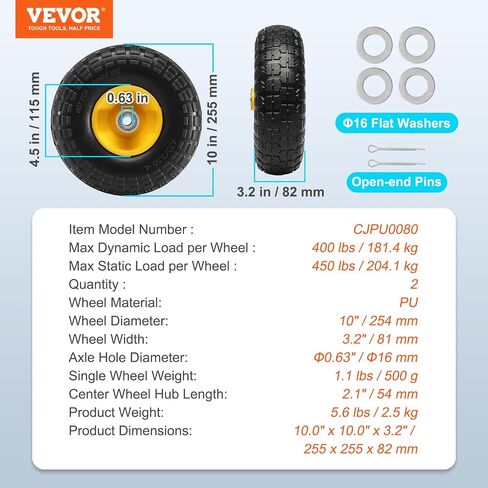 عجلة إطارات VEVOR الصلبة PU Run-Flat، مقاس 25.4 سم، عبوتين، تحميل ديناميكي 400 رطل، تحميل ثابت 450 رطل، إطارات وعجلات مسطحة خالية من الأنابيب لشاحنة اليد، عربة المرافق، الدمى، مقطورات الحديقة، عربات مختلفة in Saudi Arabia