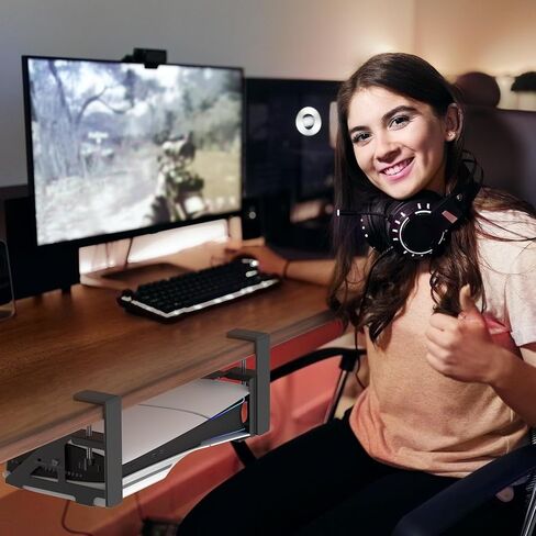 No-Drill PS5 Under Desk Mount, Metal Under Desk PS5 Mount Replacement for 2020/2023 PS5 Slim Digital & Disc Versions, PS5 Mount Under Desk with Clamp Mount, Screw and EVA Foam for PS5 Digital Console in Kuwait