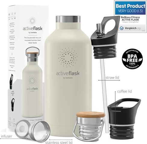 زجاجة مياه من الفولاذ المقاوم للصدأ مع شفاطة ومصفاة و3 أغطية: قارورة نشطة معزولة بتفريغ الهواء سعة 18/32 أونصة، زجاجات للشرب باردة وساخنة: كوب حراري مزدوج للشرب في الهواء الطلق والشاي والقهوة والرياضة والدراجة الرياضية in Kuwait