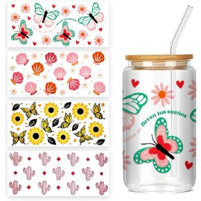 4 Sheets UV DTF Cup Wrap Transfer Stickers for DIY Craft Decorations for 16oz Glass Water Bottle (Flowers) in Kuwait