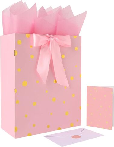 13" Large Pink Gift Bag Set with Handles, Greeting Card, Tissue Papers and Stickers for Women Girls Kids Teens for Birthday Party, Shopping, Wedding, Mother’s Day, Gold Foil Dots design, 1 Pcs in Saudi Arabia