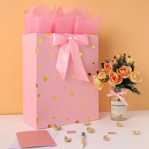 13" Large Pink Gift Bag Set with Handles, Greeting Card, Tissue Papers and Stickers for Women Girls Kids Teens for Birthday Party, Shopping, Wedding, Mother’s Day, Gold Foil Dots design, 1 Pcs in Saudi Arabia
