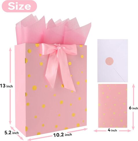 13" Large Pink Gift Bag Set with Handles, Greeting Card, Tissue Papers and Stickers for Women Girls Kids Teens for Birthday Party, Shopping, Wedding, Mother’s Day, Gold Foil Dots design, 1 Pcs in Saudi Arabia
