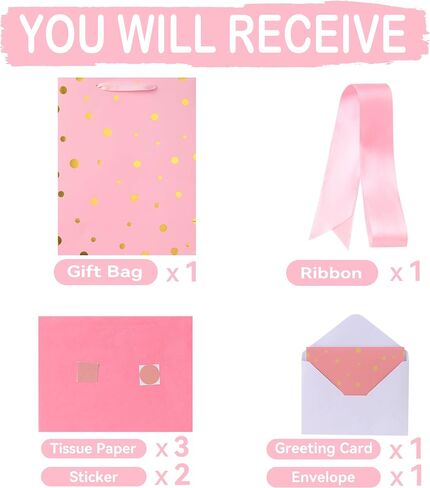 13" Large Pink Gift Bag Set with Handles, Greeting Card, Tissue Papers and Stickers for Women Girls Kids Teens for Birthday Party, Shopping, Wedding, Mother’s Day, Gold Foil Dots design, 1 Pcs in Saudi Arabia