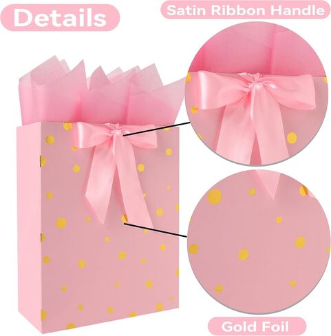 13" Large Pink Gift Bag Set with Handles, Greeting Card, Tissue Papers and Stickers for Women Girls Kids Teens for Birthday Party, Shopping, Wedding, Mother’s Day, Gold Foil Dots design, 1 Pcs in Saudi Arabia